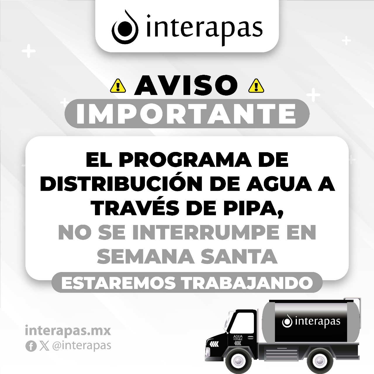 Interapas informa que el programa de distribución de agua en pipa se trabajará en horario normal en Semana Santa