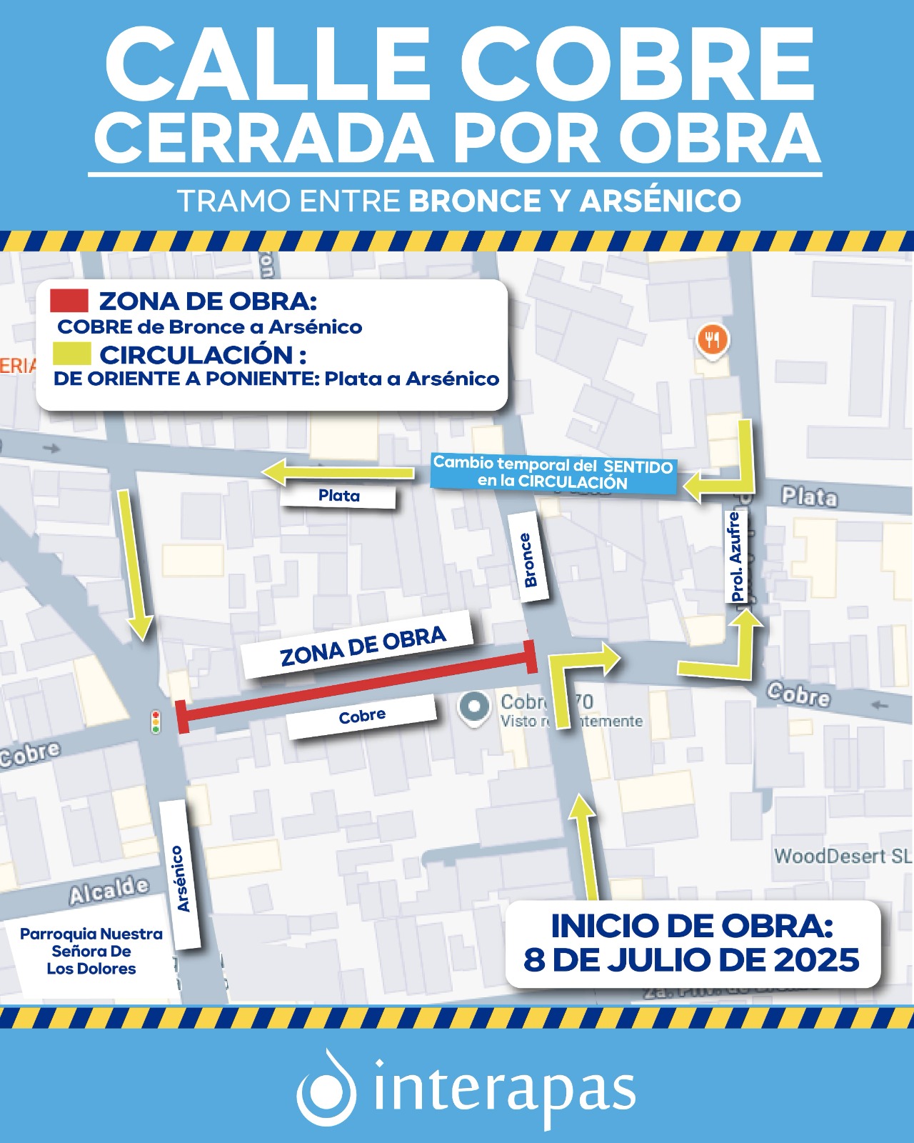 Interapas inicia rehabilitación sanitaria en la calle Cobre de la colonia Morales; habrá cambio temporal de la circulación