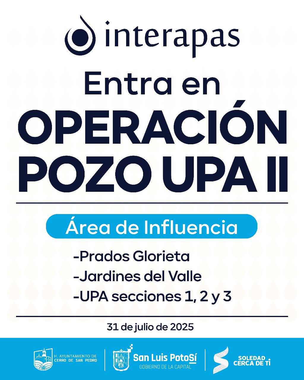 Interapas restablece suministro en colonias de Soledad tras rehabilitación del pozo UPA II