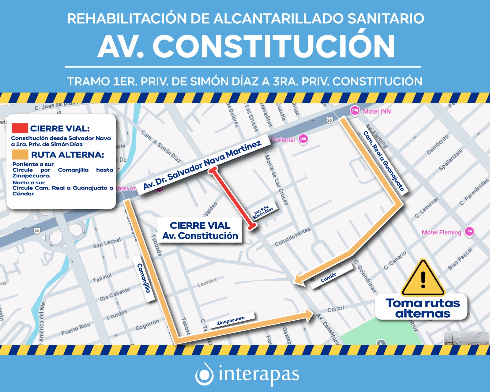 Amplían cierre vial por rehabilitación sanitaria de Interapas en avenida Constitución